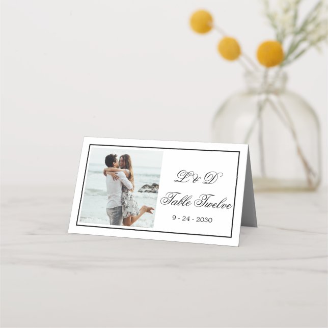 Bordsnumret Photo Elegant Black White Bröllop Placeringskort (Framsida)