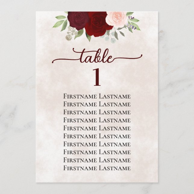 Bordsnumret Röda och Rosa ros Bröllop-sätesdiagram Kort (Framsida)