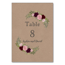 Bordsnumret Romantic Rustic Marsala Blommigt