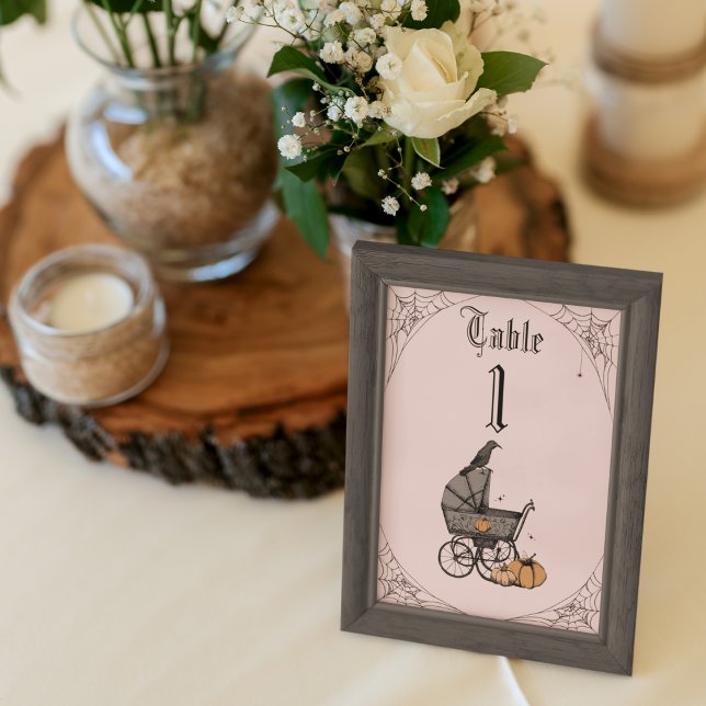 Bordsnumret  Rosa Gothic Baby Shower Bordsnummer (Blush Pink Gothic Baby Shower Table Number. Victorian Baby Carriage Hand-Drawn in Black Ink. )