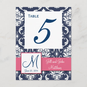 Bordsnumret rosa Navy Blue Damask Wedof Vykort