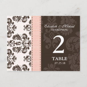 Bordsnumret rosa och Brown Vintage Damask Wedding Vykort
