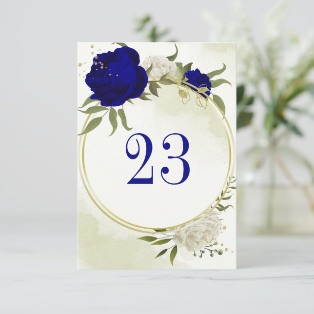 bordsnumret royal blå vita blommor grönt löv inbjudningar (Stående Fram)