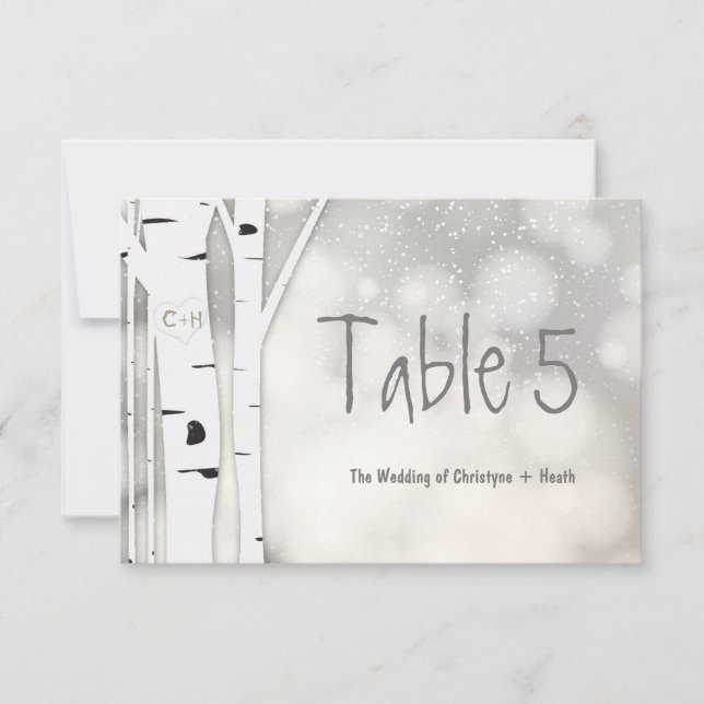 Bordsnumret Rustic Birch Träd Winter Snowy Inbjudningar (Framsida)