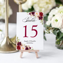 Bordsnumret Rustic Burgundy Red Blommigt Bröllop Bordsnummer