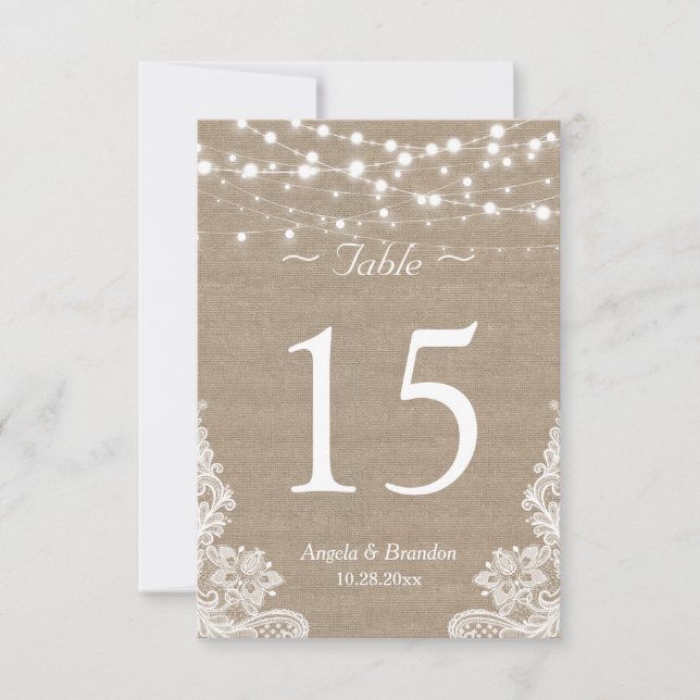 Bordsnumret Rustic Burlap String Ljus Snöre Inbjudningar (Framsida)