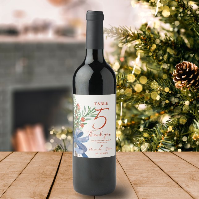 Bordsnumret Rustic Red Berries jul Bröllop Vinflaska Etikett (Rustic Red Berries Christmas Wedding Table Number Wine Label)