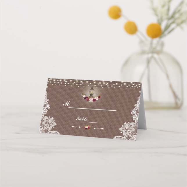 Bordsnumret Rustic String Ljus Snöre Burlap Placeringskort (Baksida)