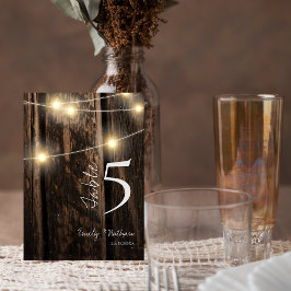 Bordsnumret Rustic Wood & String Ljus Bröllop Tack Kort
