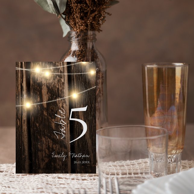 Bordsnumret Rustic Wood & String Ljus Bröllop Tack Kort (Country Rustic Wood Lights WEDDING Table Number)