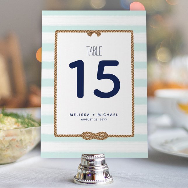 Bordsnumret Seafoam & White Nautical Knot (5x7) Inbjudningar (Modern Seafoam and White Striped Nautical Wedding or Event Table Numbers (Available for Download))