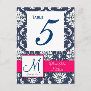 Bordsnumret shock rosa Navy Damask Wedding Vykort
