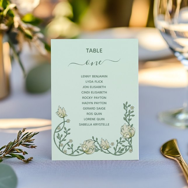 Bordsnumret Sittdiagram för grönt av konturblommor Inbjudningar (Art deco flowers wedding reception botanical green and cream Table Number Seating Chart)