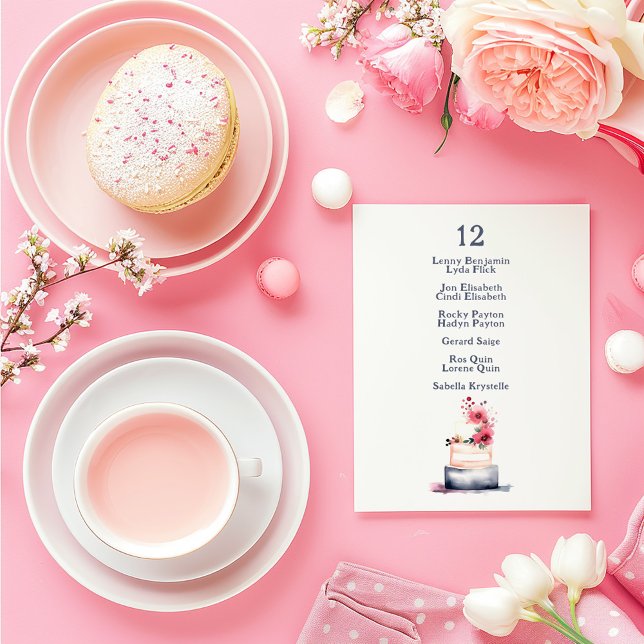 Bordsnumret Sittdiagram för vattenfärgstårta i brö Inbjudningar (Wedding table number card with watercolor floral cake and elegant guest list.)