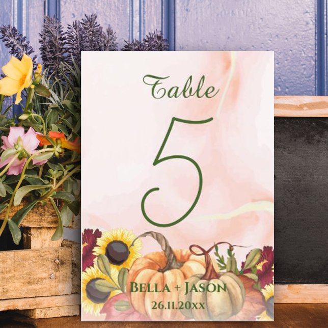 Bordsnumret Solros Pumpkin Thmet Fall WEDDING Tack Kort (Sunflower Pumpkin Themed Fall WEDDING Table Number)