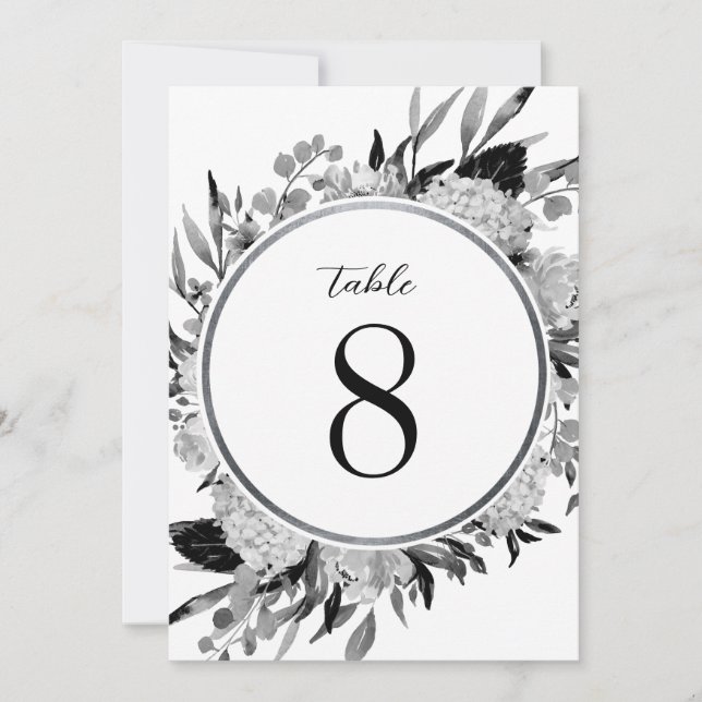 Bordsnumret Svartvit vattenfärg, Blommigt Inbjudningar (Framsida)
