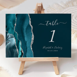 Bordsnumret Teal Blue Silver Agate Bröllop Bordsnummer