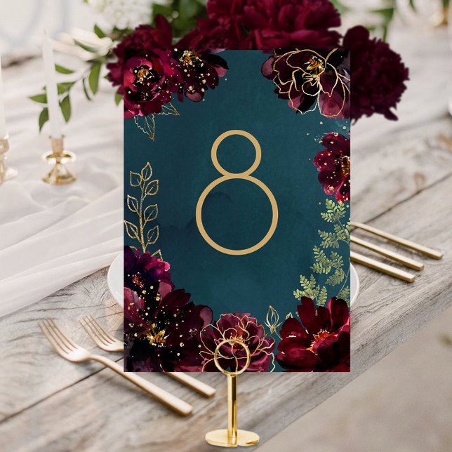 Bordsnumret Teal Bordeaux Jewel Tone Bröllop Bordsnummer (Teal Bordeaux Jewel Tone Wedding Table Number Card)