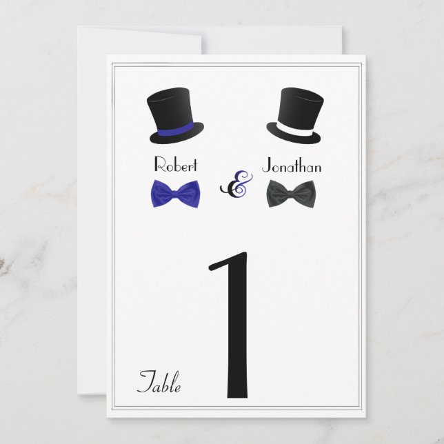 Bordsnumret top hat och Bow Tie Blue Gay Bröllop Inbjudningar (Framsida)