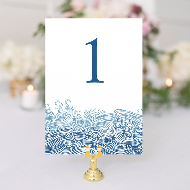 Bordsnumret Vinkara Bröllop i  havsområdet Inbjudningar (Blue Nautical Ocean Waves wedding table numbers from Concertina Press)