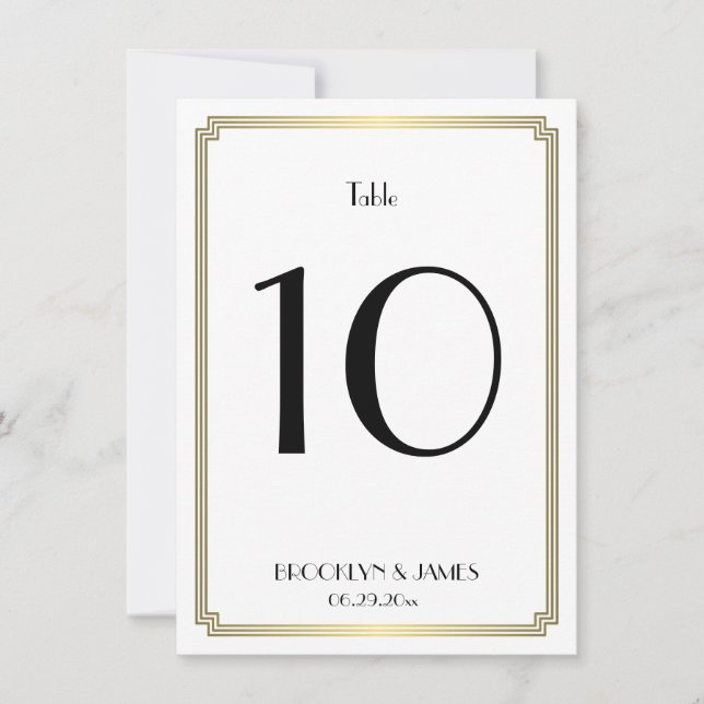 Bordsnumret Vita och Guld Art Deco Bröllop Inbjudningar (Framsida)