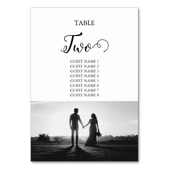 Bordsnumret Vitt och svart skript, foto Bröllop Bordsnummer (Framsidan)