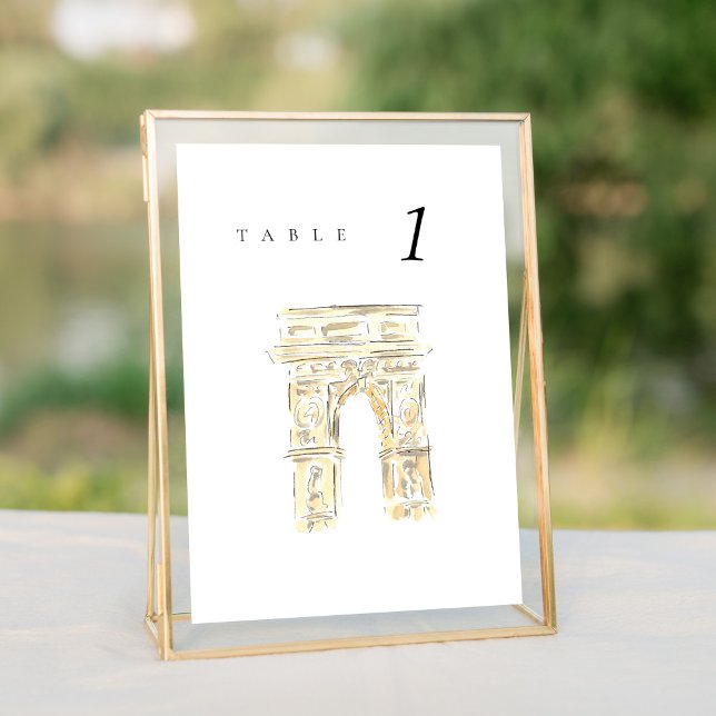Bordsnumret Washington Sq Park New York Bröllop (Watercolor Washington Square Park New York City wedding table number sign.)