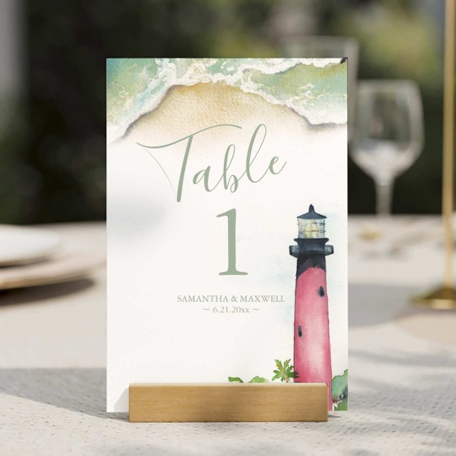 Bordsnumret Watercolor Jupiter Lighthouse Bordsnummer (Beach wedding Jupiter lighthouse table number features watercolor art by Victoria Grigaliunas)