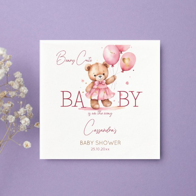 Bordsprogram för besöt nalle-babydusch pappersservett (Beary cute teddy bear girl baby shower tableware personalized template napkins cute teddy with dress)