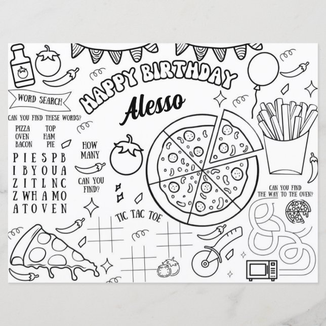 Bordstabletten Pizza Födelsedagsfest Coloring Page (Framsida)