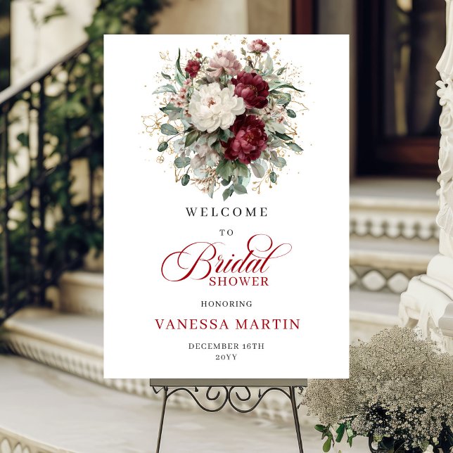 Bordsvälkomstskylt i vinrött med blommor, eukalypt poster (Maroon Floral Eucalyptus Gold Bridal Welcome Sign

)