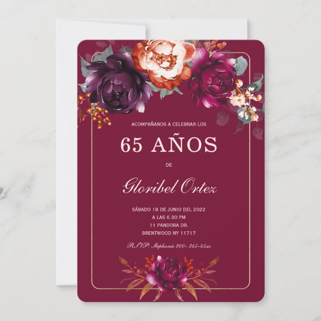 Borgoña 65e dina fiesta de cumpleaños para inbjudningar (Framsida)