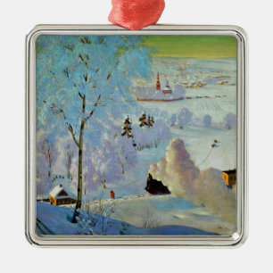 Boris Kustodiev - Skiers, målning av berömd, Julgransprydnad Metall