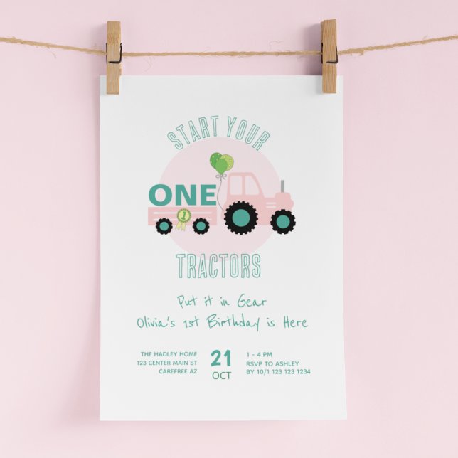 Börja Dina Traktorer Rosa 1-årsdag Inbjudningar (Skapare uppladdad)