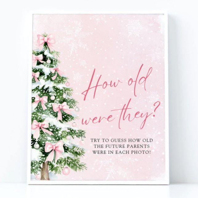 Börjar jul hur gamla de var, babykläder, spel poster (Pink Bows Christmas How Old Were They Baby Shower Game Sign)