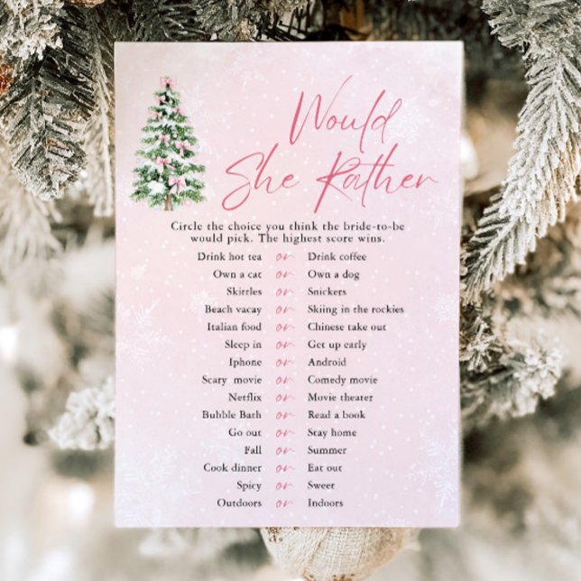 Börjar jul, skulle hon hellre visa babykläder? inbjudningar (Pink Bows Christmas Would She Rather Baby Shower Game)