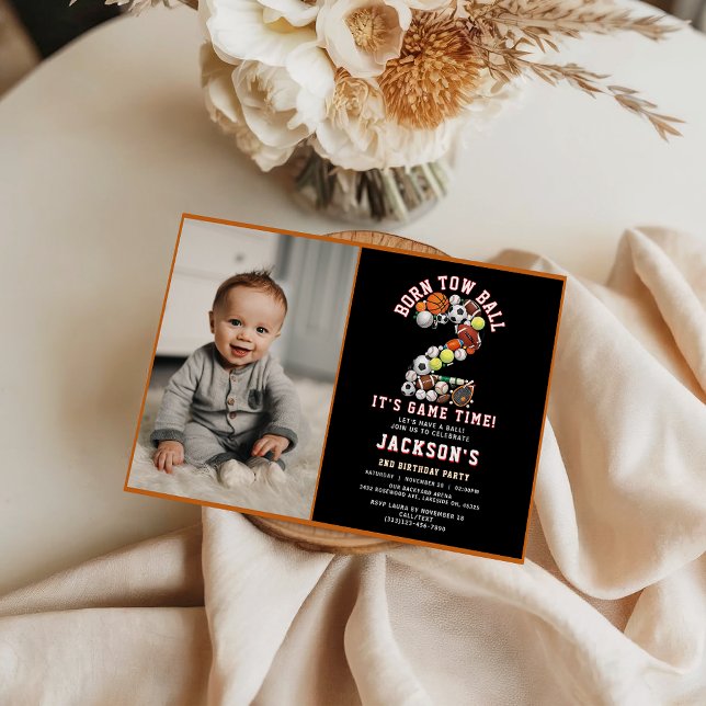 Born 2 Ball Sport Themed Boy 2nd Birthday Party Inbjudningar (Born 2 Ball Sport Themed Boy 2nd Birthday Party Invitation
)