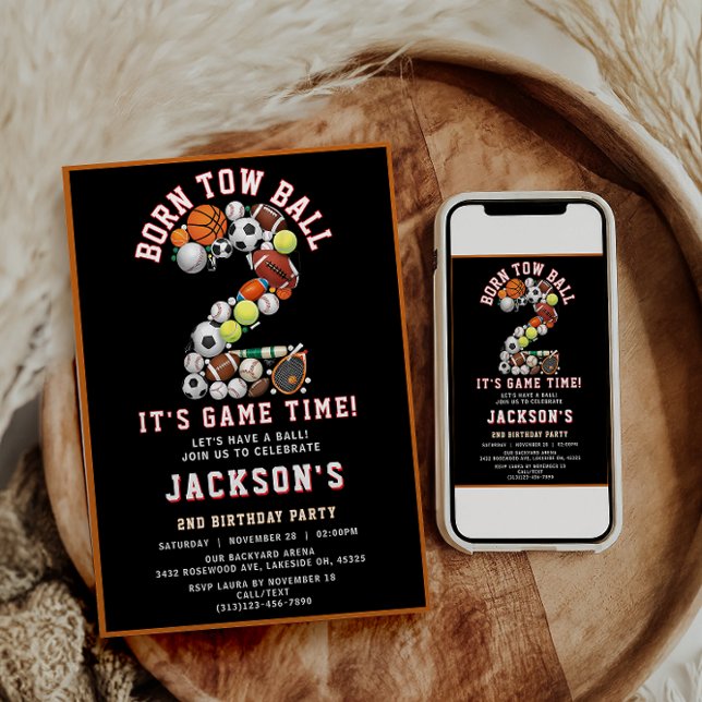 Born 2 Ball Sport Themed Boy 2nd Birthday Party Inbjudningar (Born 2 Ball Sport Themed Boy 2nd Birthday Party Invitation)