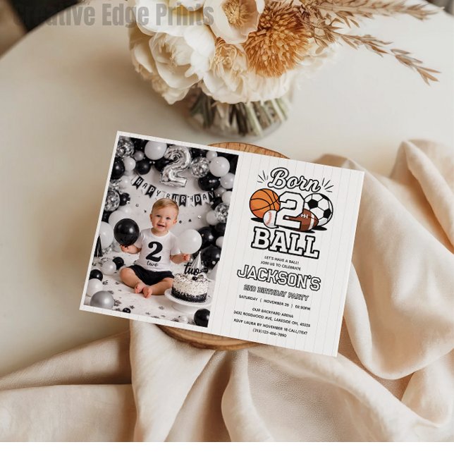 Born 2 Ball Sports Themed Boy 2nd Birthday Party Inbjudningar (Born 2 Ball Sports Themed Boy 2nd Birthday Party Invitation
)