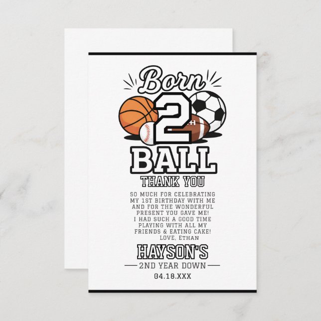 Born 2 Ball Sports Themed Boy 2nd Birthday Party Tack Kort (Fram/baksida)