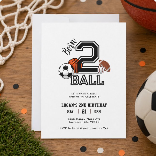 Born 2 Ball Sporttema Pojke 2-års födelsedagsfest Inbjudningar (Born 2 Ball Sports Theme Boy’s 2nd Birthday Party Invitation)