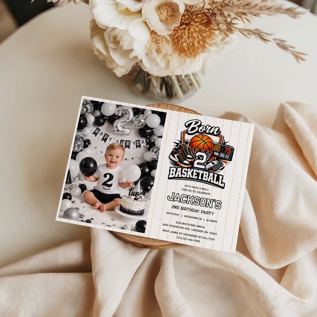 Born 2 Basketball Sports Themed Boy 2nd Birthday  Inbjudningar ( Born 2 Basketball Sports Themed Boy 2nd Birthday photo Invitation)