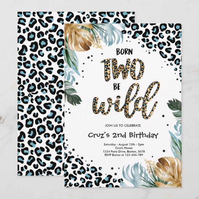 Born 2 BE Vild Boy Jungle Leopard Print Birthday Inbjudningar (Fram/baksida)