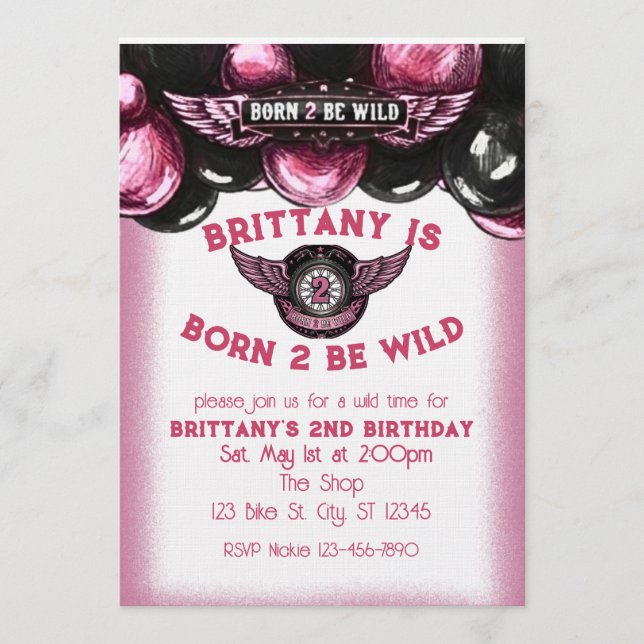 Born 2 Be Wild Pink, Black Motorcycle 2nd Birthday Inbjudningar (Framsida)