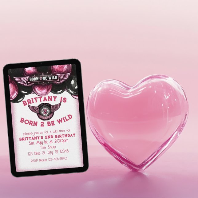 Born 2 Be Wild Pink, Black Motorcycle 2nd Birthday Inbjudningar (Skapare uppladdad)