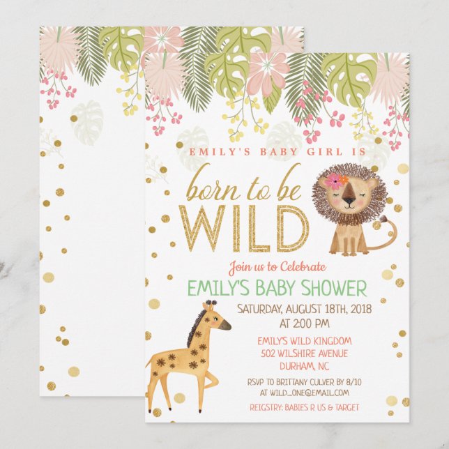 Born för att bli Vild, jungle Baby Shower-inbjudan Inbjudningar (Fram/baksida)