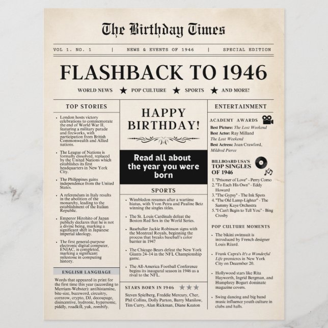 Born in 1946 Mock Newspaper sepia (Framsida)