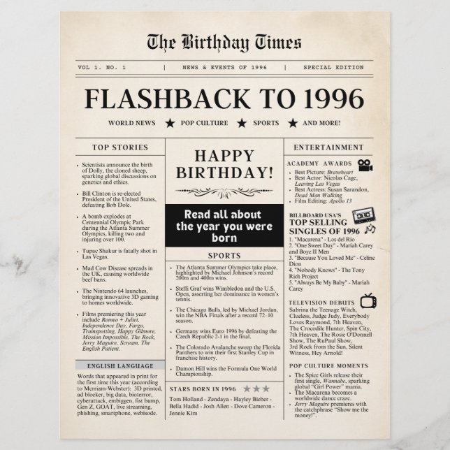 Born in 1996 Sepia Newspaper (Framsida)