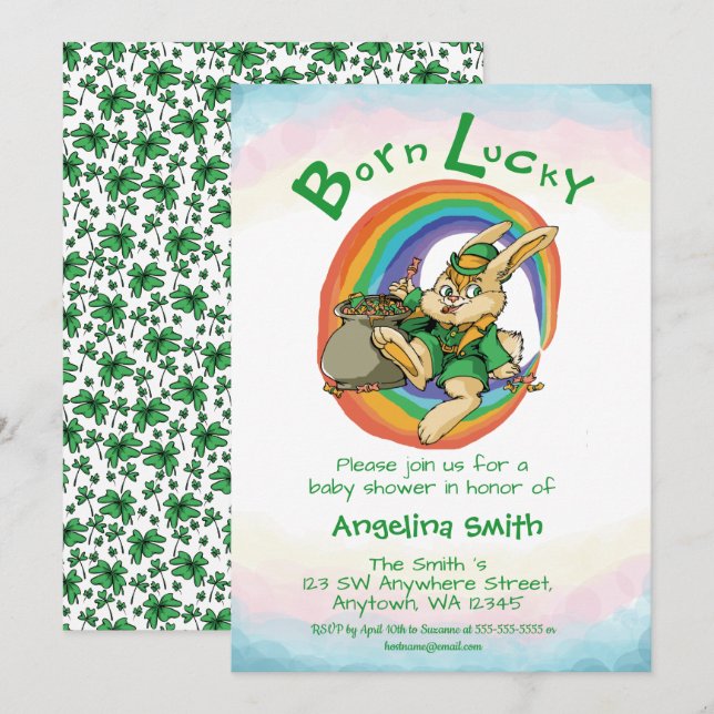 Born Lucky Little Saint patrick Rabbit Baby Shower Inbjudningar (Fram/baksida)