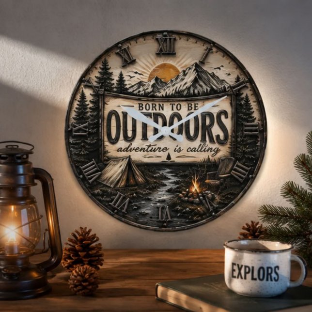 Born to Be Outdoors Rustic  Camping Mountain  Stor Klocka (Skapare uppladdad)